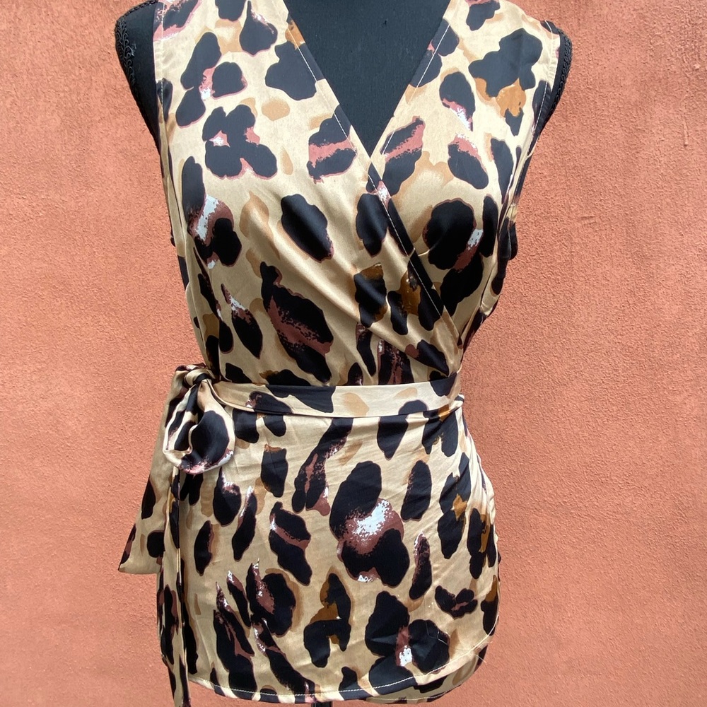 Never Fully Dressed Cheetah Satin Wrap Top